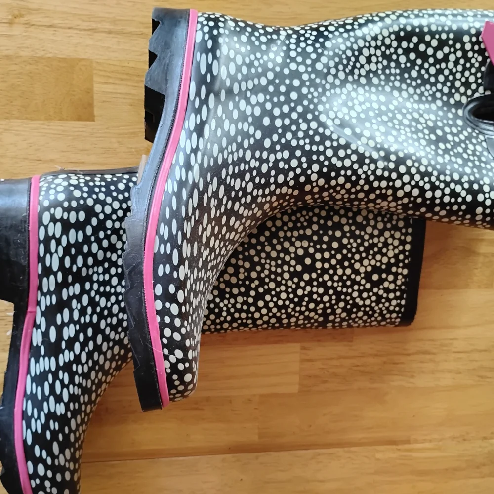Women's Black Polka Dot Rain Boots with Pink Interior Trim - Picture 2 of 5